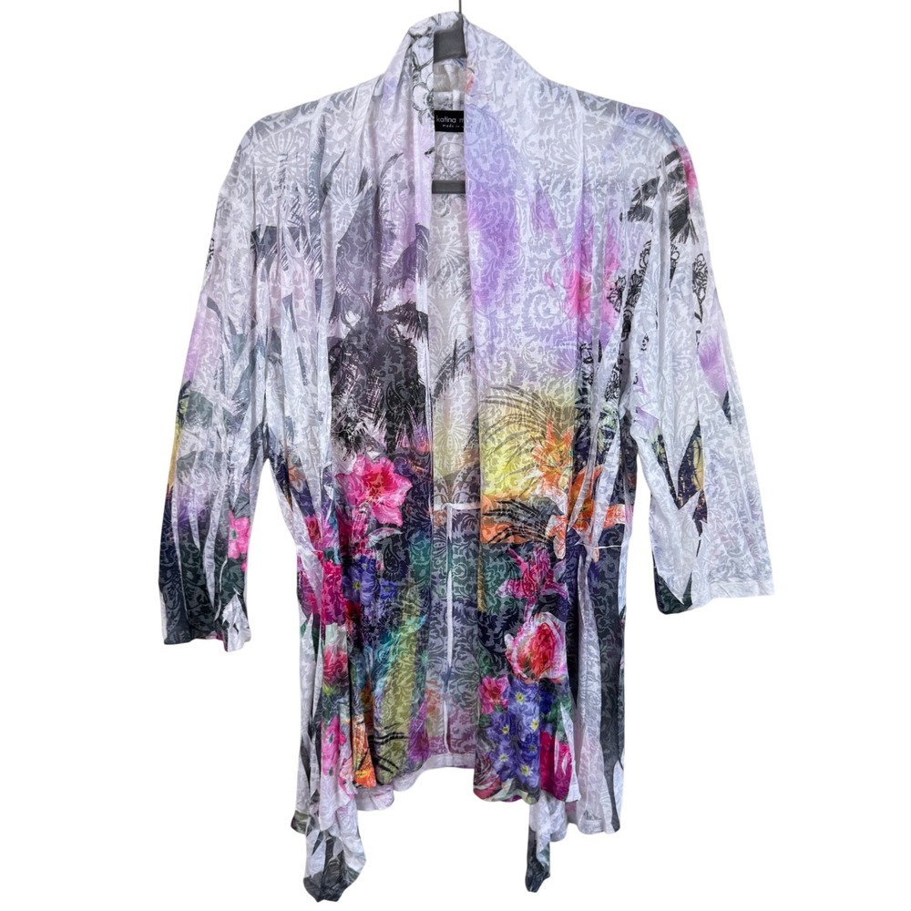 Katina Marie Womens Medium Tropical Floral Open Front Sheer Cardigan Made in USA